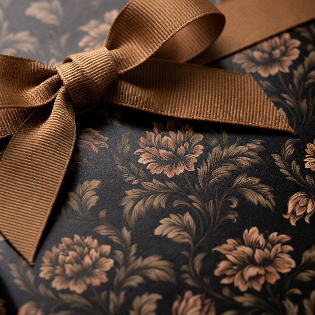 Luxury black and gold floral wrapping paper with a bronze ribbon bow, elegant gift wrap by Wrapped Studios.