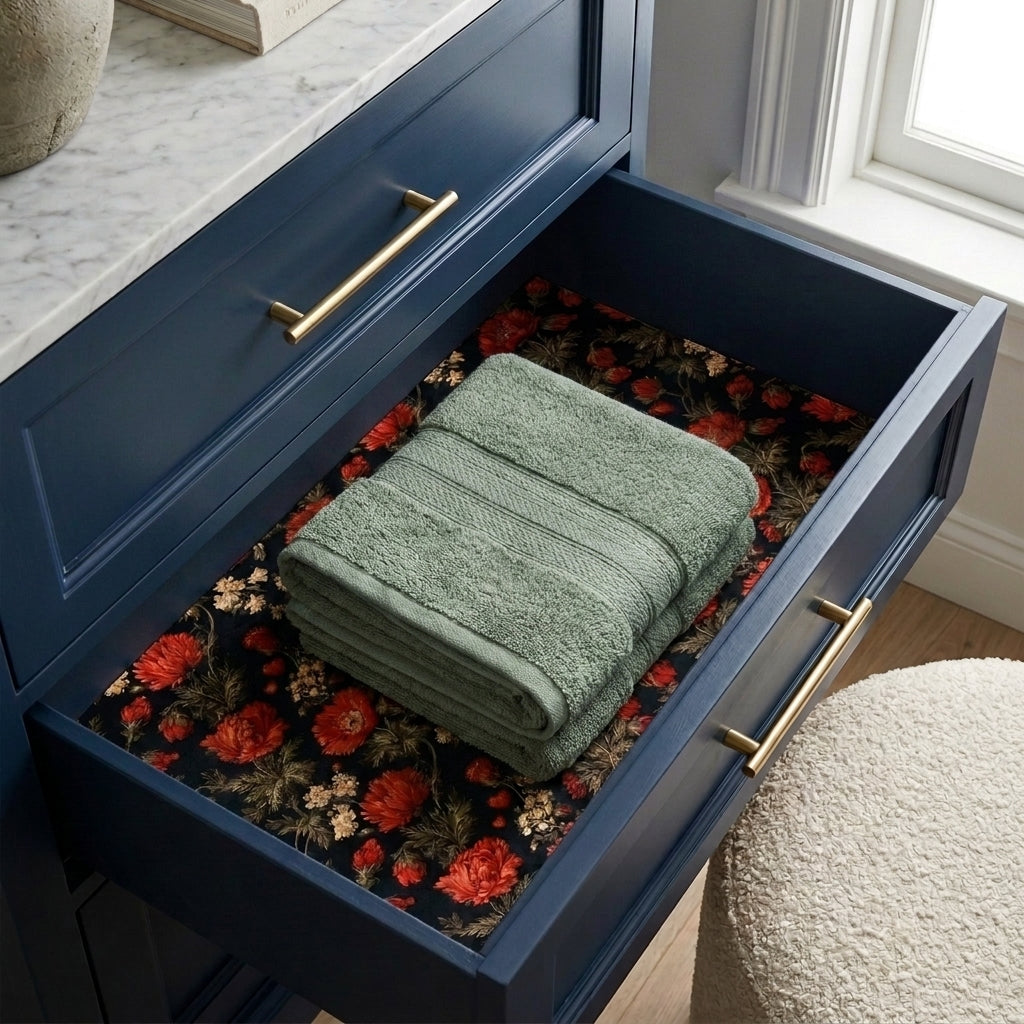Luxury vintage floral wrapping paper used as drawer liner in a blue dresser by Wrapped Studios.