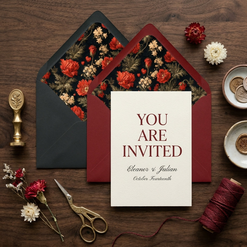 Vintage dark floral wedding invitation card with burgundy envelope liners by Wrapped Studios.