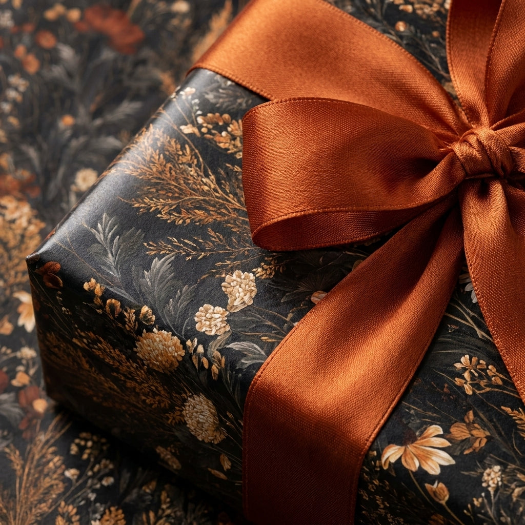Moody floral wrapping paper with a copper satin ribbon bow, by Wrapped Studios.