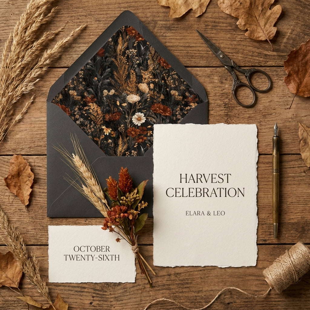 Moody autumn floral wedding invitation with botanical envelope liner on rustic wood. Wrapped Studios.