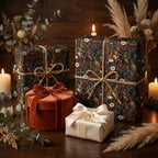 Moody vintage floral wrapping paper on rustic holiday gifts with velvet ribbons by Wrapped Studios.