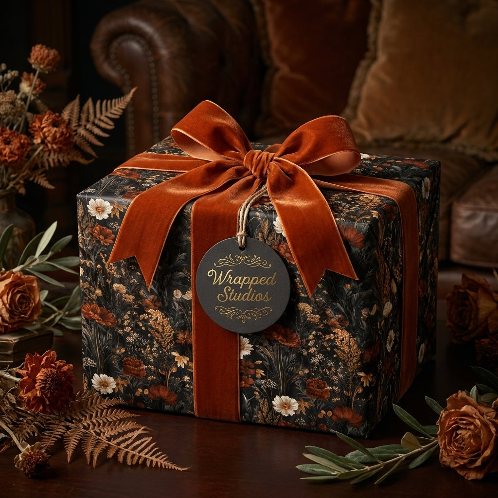 Vintage dark floral wrapping paper with a burnt orange velvet bow on a gift box by Wrapped Studios.