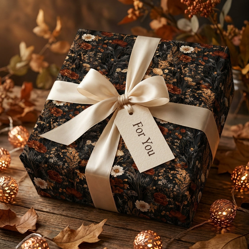Moody vintage floral wrapping paper with a cream satin bow and gift tag, by Wrapped Studios.