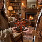 Couple holding a gift in vintage botanical wrapping paper with a rust velvet bow by Wrapped Studios.