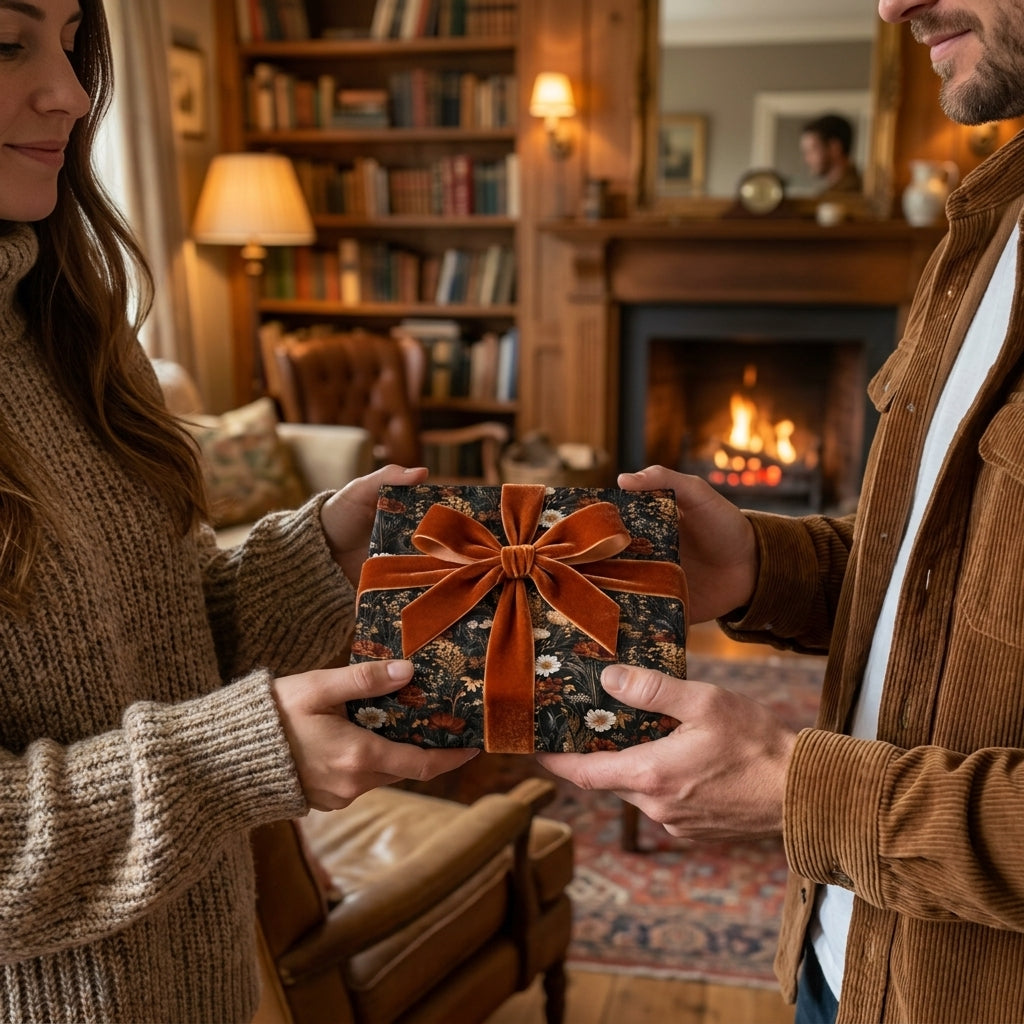 Couple holding a gift in vintage botanical wrapping paper with a rust velvet bow by Wrapped Studios.