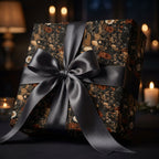 Dark floral wrapping paper with a large charcoal satin bow. Luxury vintage gift wrap by Wrapped Studios.
