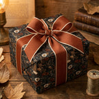 Dark botanical vintage floral wrapping paper on a gift box with a terracotta ribbon by Wrapped Studios.