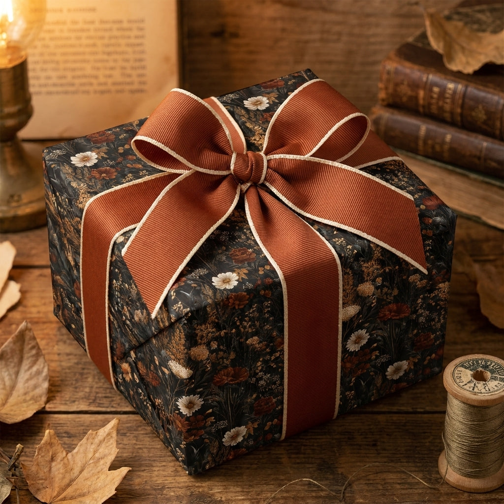 Dark botanical vintage floral wrapping paper on a gift box with a terracotta ribbon by Wrapped Studios.
