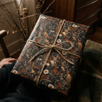 Vintage dark botanical floral wrapping paper tied with a rustic twine bow by Wrapped Studios.