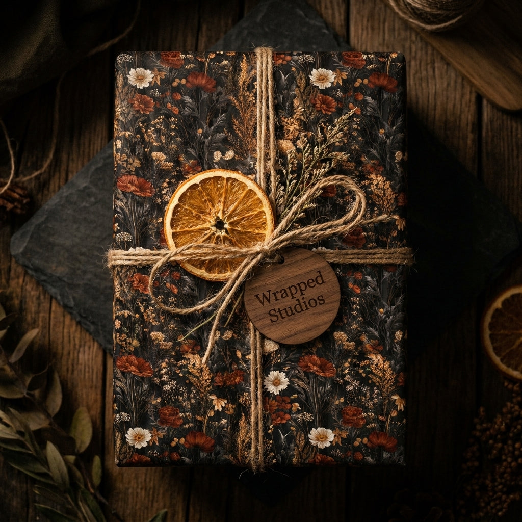 Moody botanical floral wrapping paper by Wrapped Studios on a gift tied with twine and a dried orange.