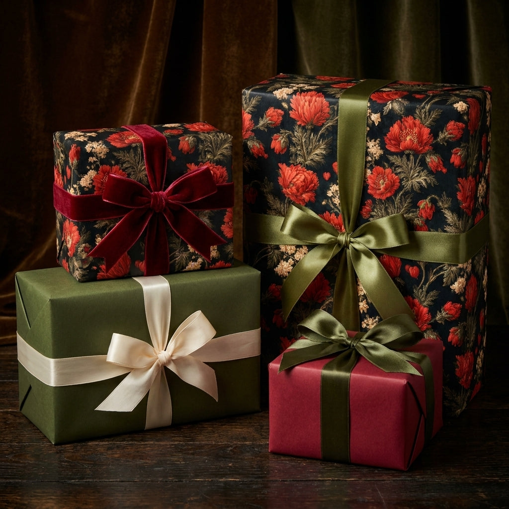 Luxury botanical Christmas gift wrap with vintage red floral patterns by Wrapped Studios.