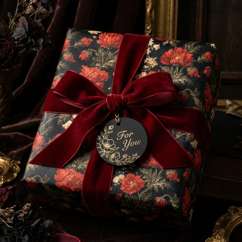 Luxury dark floral wrapping paper on a gift box with a red velvet bow by Wrapped Studios.