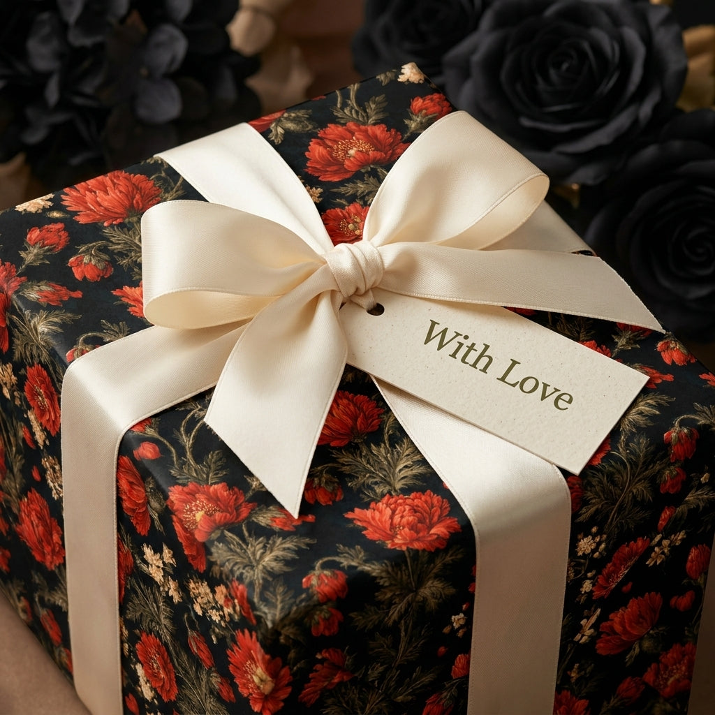 Dark luxury floral wrapping paper with a cream satin bow and 'With Love' tag by Wrapped Studios.