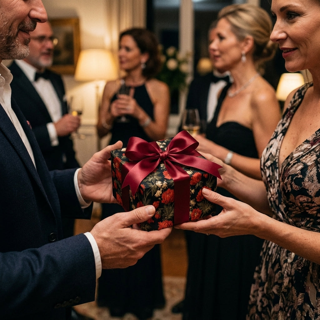 Elegant floral wrapping paper with a red satin bow at a luxury party by Wrapped Studios.