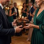 Couple exchanging a gift in black luxury floral wrapping paper with a bronze bow, by Wrapped Studios.