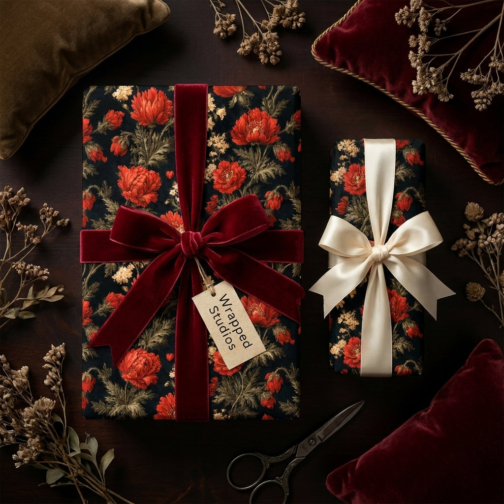 Luxury vintage floral wrapping paper with red flowers and a velvet bow by Wrapped Studios.