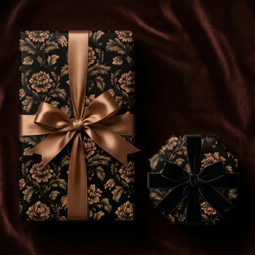 Luxury vintage floral wrapping paper in black and bronze with elegant ribbon bows by Wrapped Studios.
