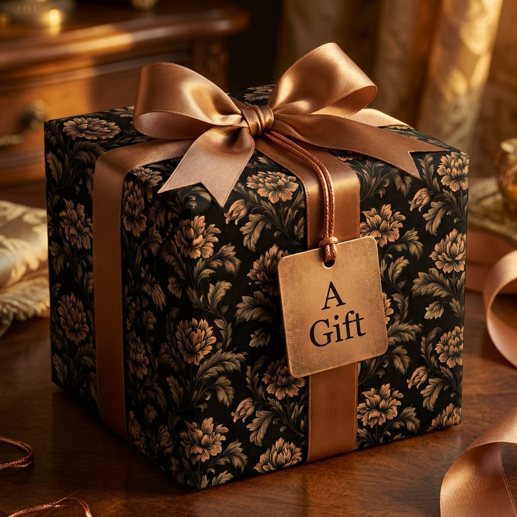 Luxury black and gold floral wrapping paper on a gift box with a bronze ribbon by Wrapped Studios.