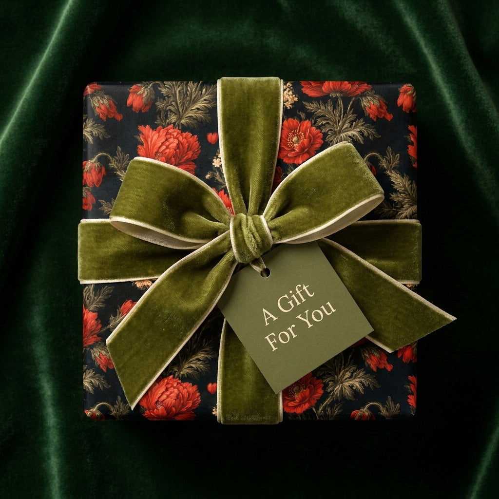 Vintage floral wrapping paper with red flowers and green velvet bow, luxury gift wrap by Wrapped Studios.