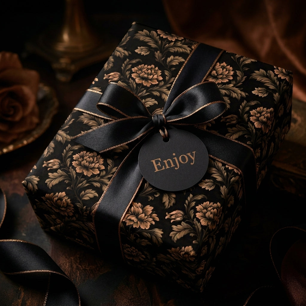 Luxury black and gold floral wrapping paper with a satin bow and 'Enjoy' tag, by Wrapped Studios.