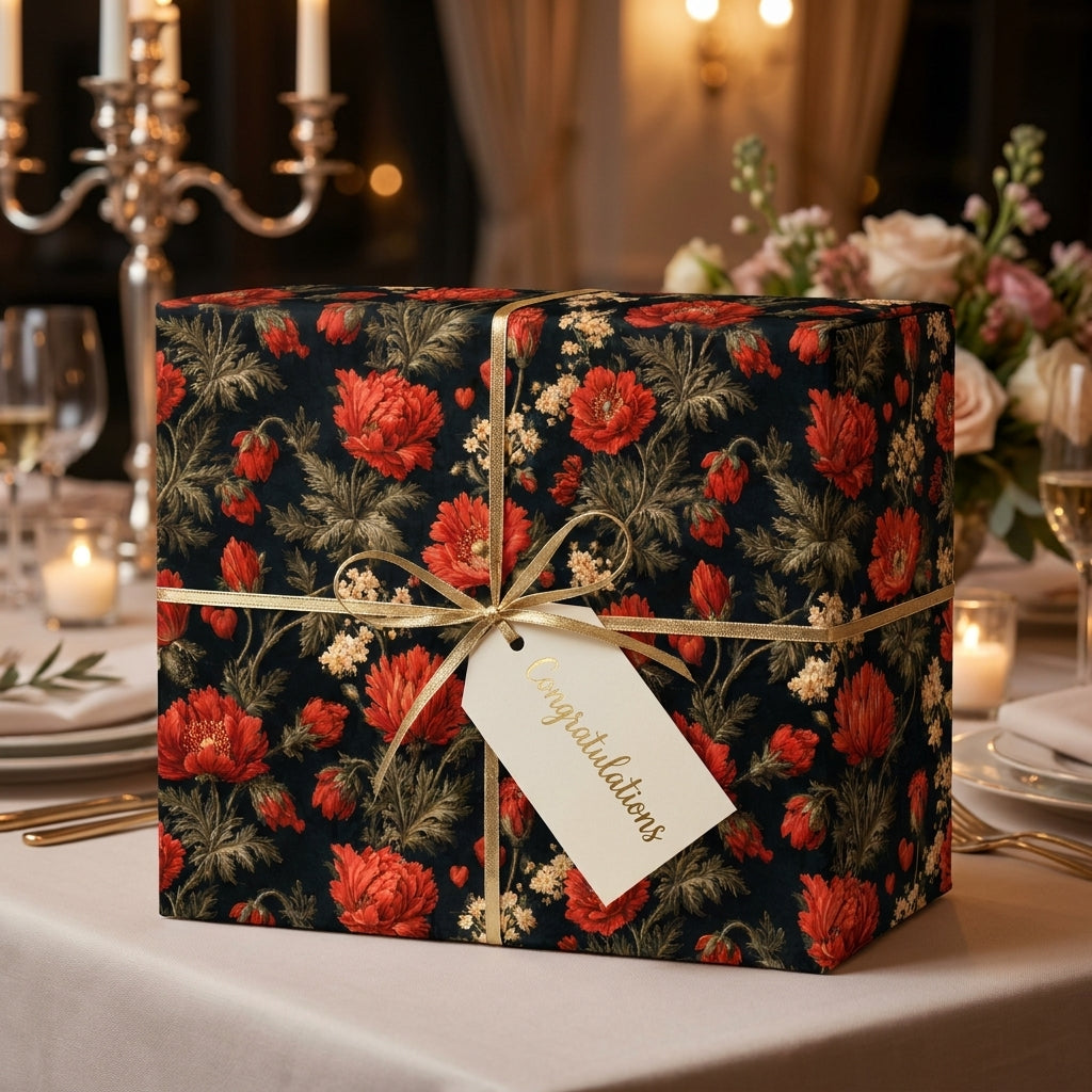 Vintage red floral wrapping paper on a gift box with a gold bow and congratulations tag by Wrapped Studios.
