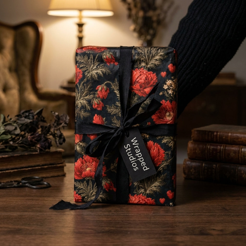 Dark floral wrapping paper with red flowers and a black ribbon, luxury vintage gift wrap by Wrapped Studios.