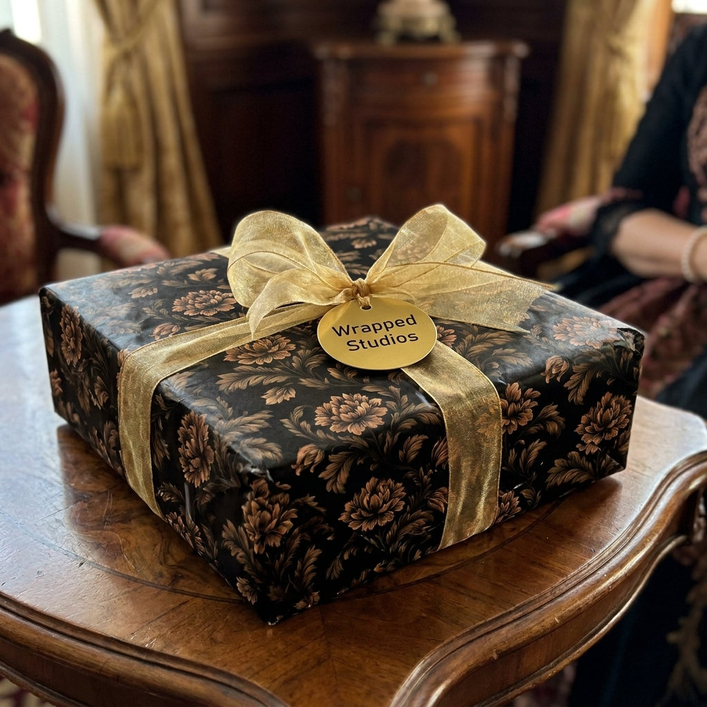 Vintage black and gold floral wrapping paper with sheer gold bow on a gift box, luxury gift wrap by Wrapped Studios.