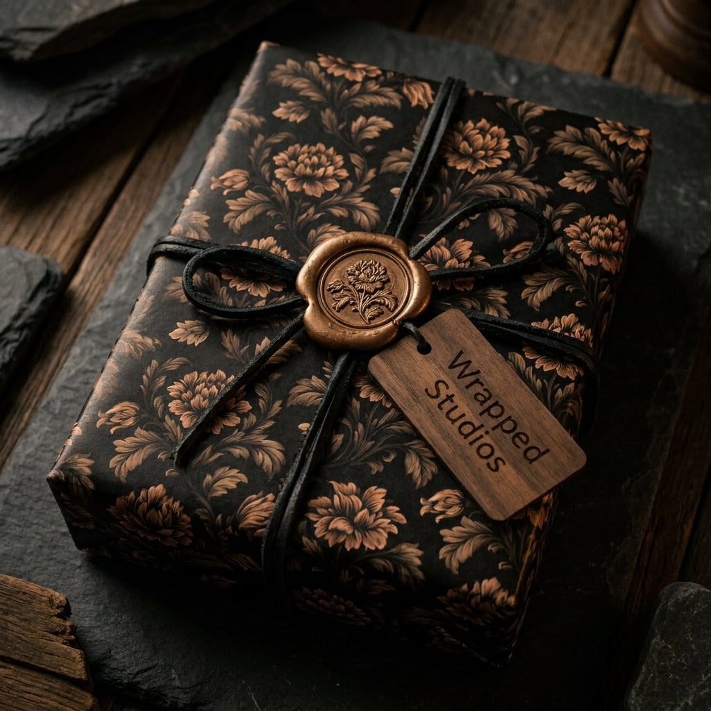 Vintage dark floral wrapping paper by Wrapped Studios on a luxury gift box with a bronze wax seal.
