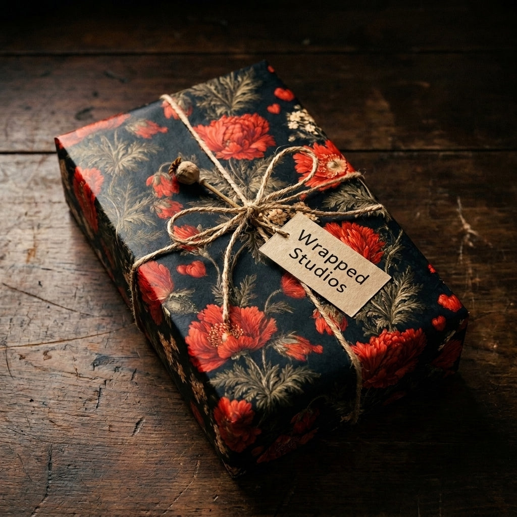 Vintage red floral wrapping paper on a gift box tied with rustic twine, by Wrapped Studios.