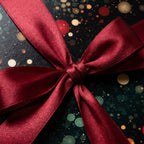 Dark gift box with bokeh dot wrapping paper and satin red ribbon bow.