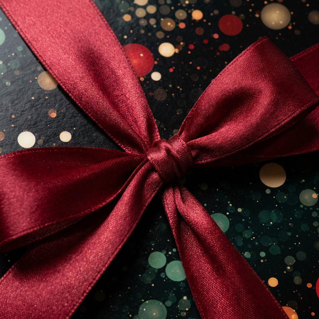 Dark gift box with bokeh dot wrapping paper and satin red ribbon bow.