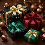 Elegant Christmas gift wrap assortment. Dark wrapping paper with gold, green, and velvet burgundy ribbon on a wooden table.