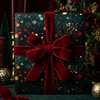 Elegant Christmas gift wrap with a red velvet bow and festive dot pattern.