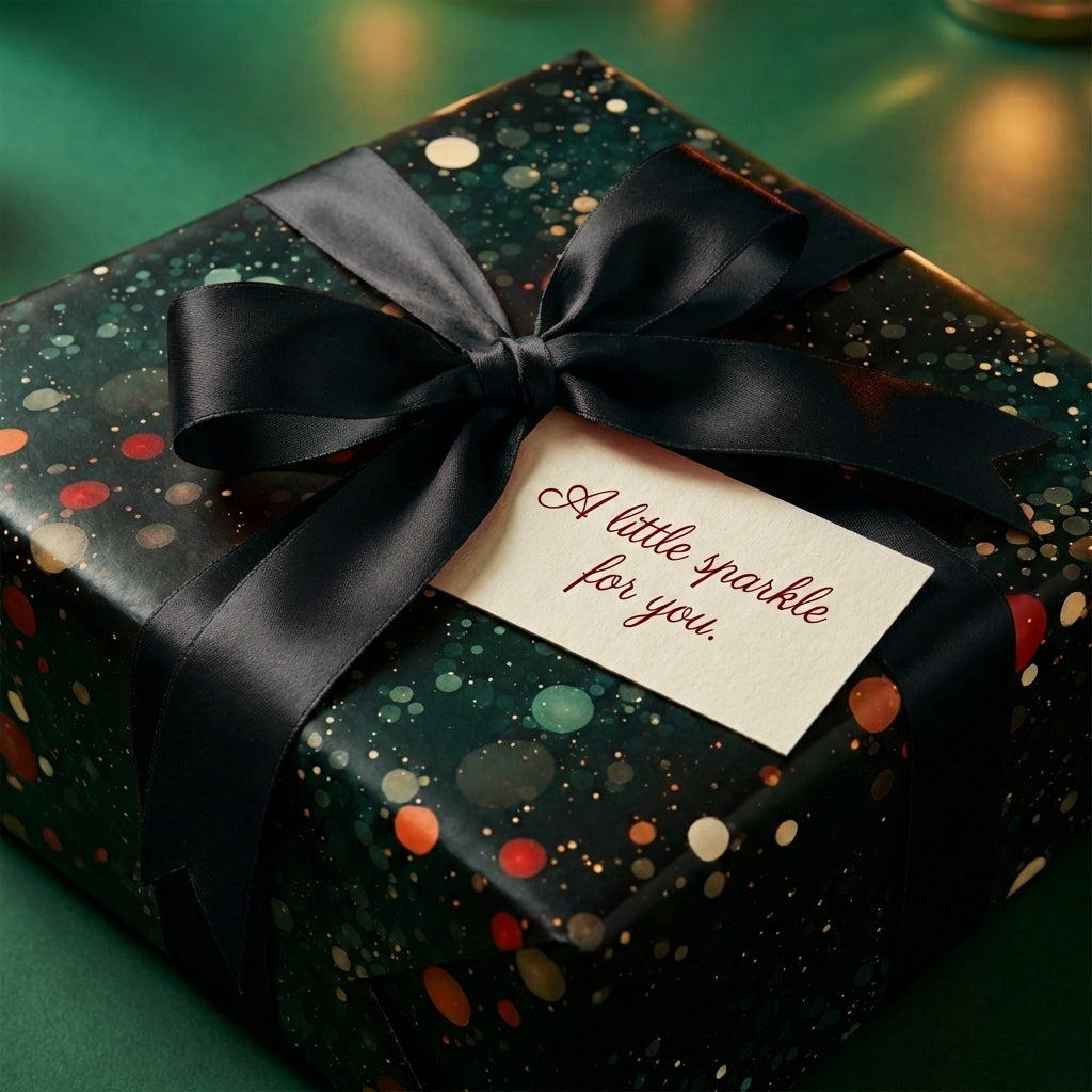 Elegant gift wrap with a black ribbon and a modern dot pattern. "A little sparkle for you" gift tag included. Wrapped Studios.