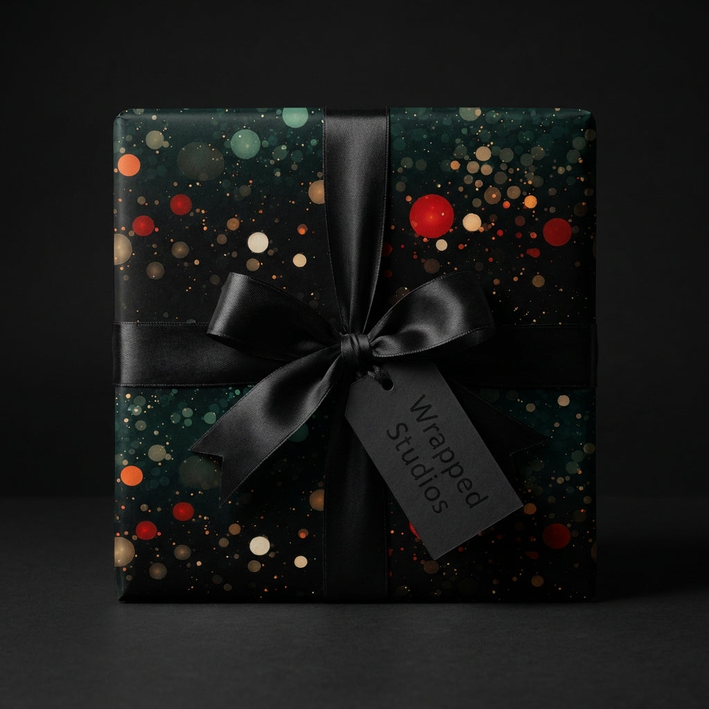 Elegant gift in Wrapped Studios dark floral wrapping paper with black satin ribbon.