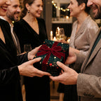 Elegant gift exchange with velvet-ribboned wrapping paper. Perfect Christmas or birthday gift wrap from Wrapped Studios.