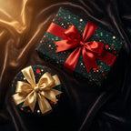 Luxury gift wrap: Square present with red ribbon, round present with gold ribbon, on silky black fabric.