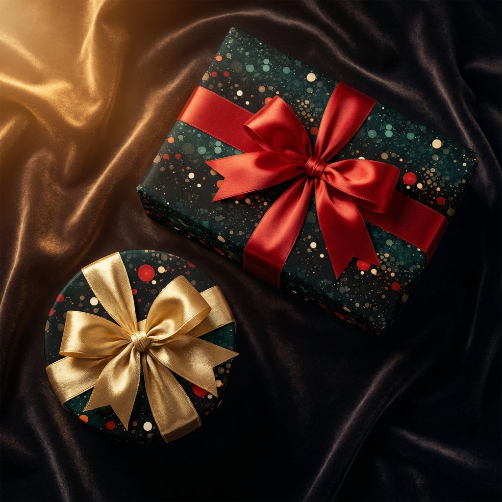 Luxury gift wrap: Square present with red ribbon, round present with gold ribbon, on silky black fabric.