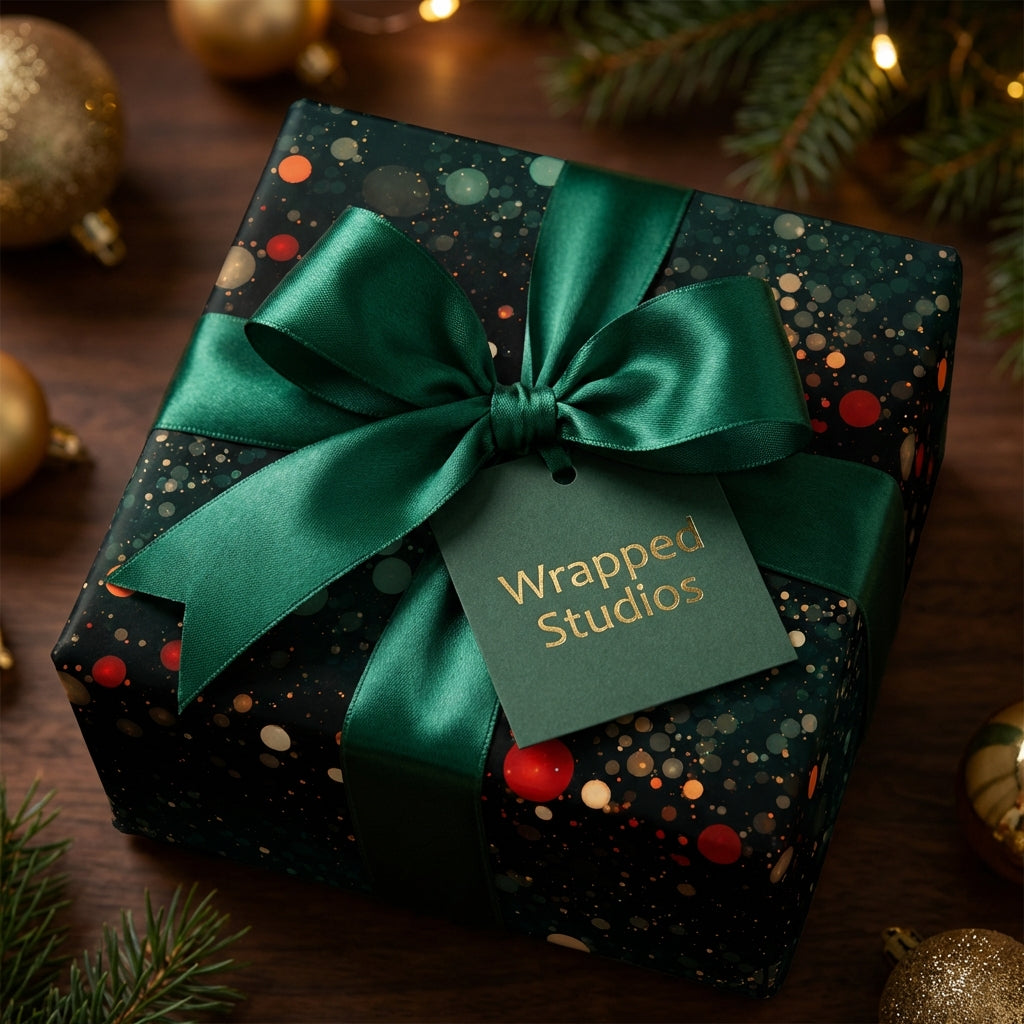 Wrapped Studios Christmas gift wrap with green ribbon and a celestial dot pattern.