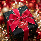Elegant Christmas gift wrap with a red ribbon and "No Peeking!" tag from Wrapped Studios.