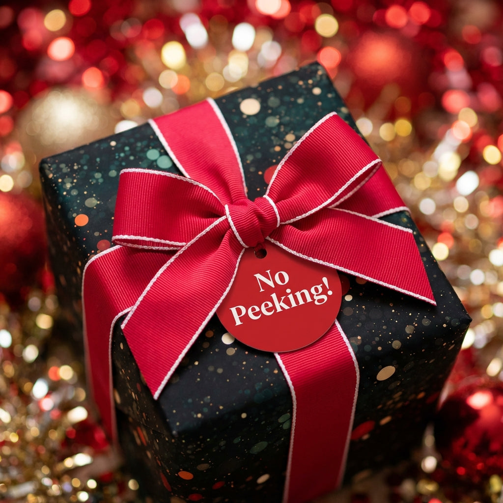 Elegant Christmas gift wrap with a red ribbon and "No Peeking!" tag from Wrapped Studios.