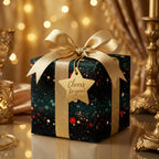 Luxury "Cheers to You!" gift wrapped in festive holiday wrapping paper with gold ribbon and star tag.