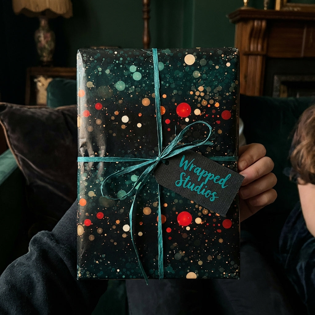 Wrapped Studios luxury gift wrap. Modern black wrapping paper with teal ribbon and confetti dot pattern.
