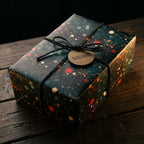 Modern gift wrapped in dark space-themed wrapping paper with "handmade" tag. Wrapped Studios.