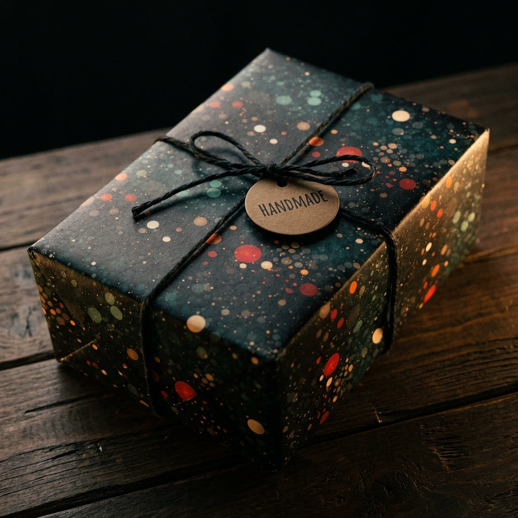 Modern gift wrapped in dark space-themed wrapping paper with "handmade" tag. Wrapped Studios.