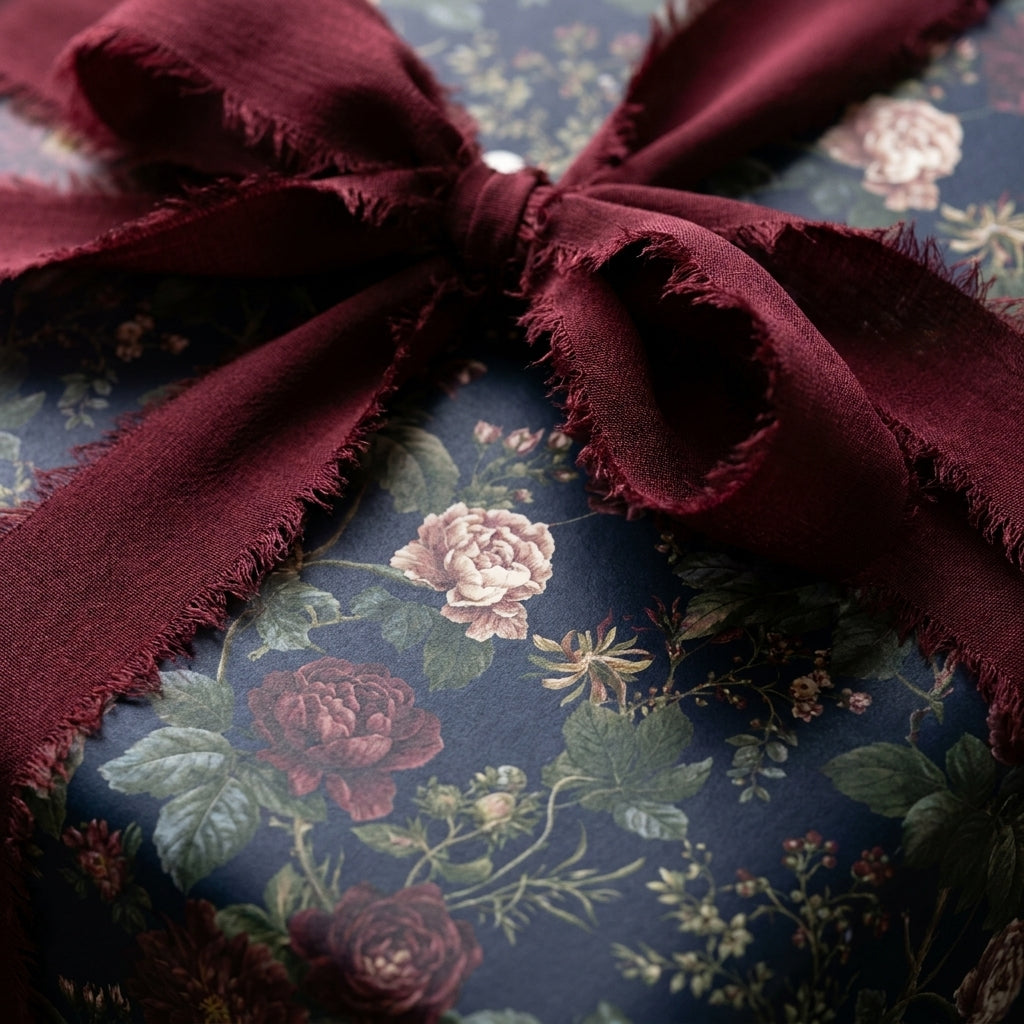 Luxury dark floral wrapping paper with a frayed burgundy ribbon bow by Wrapped Studios.