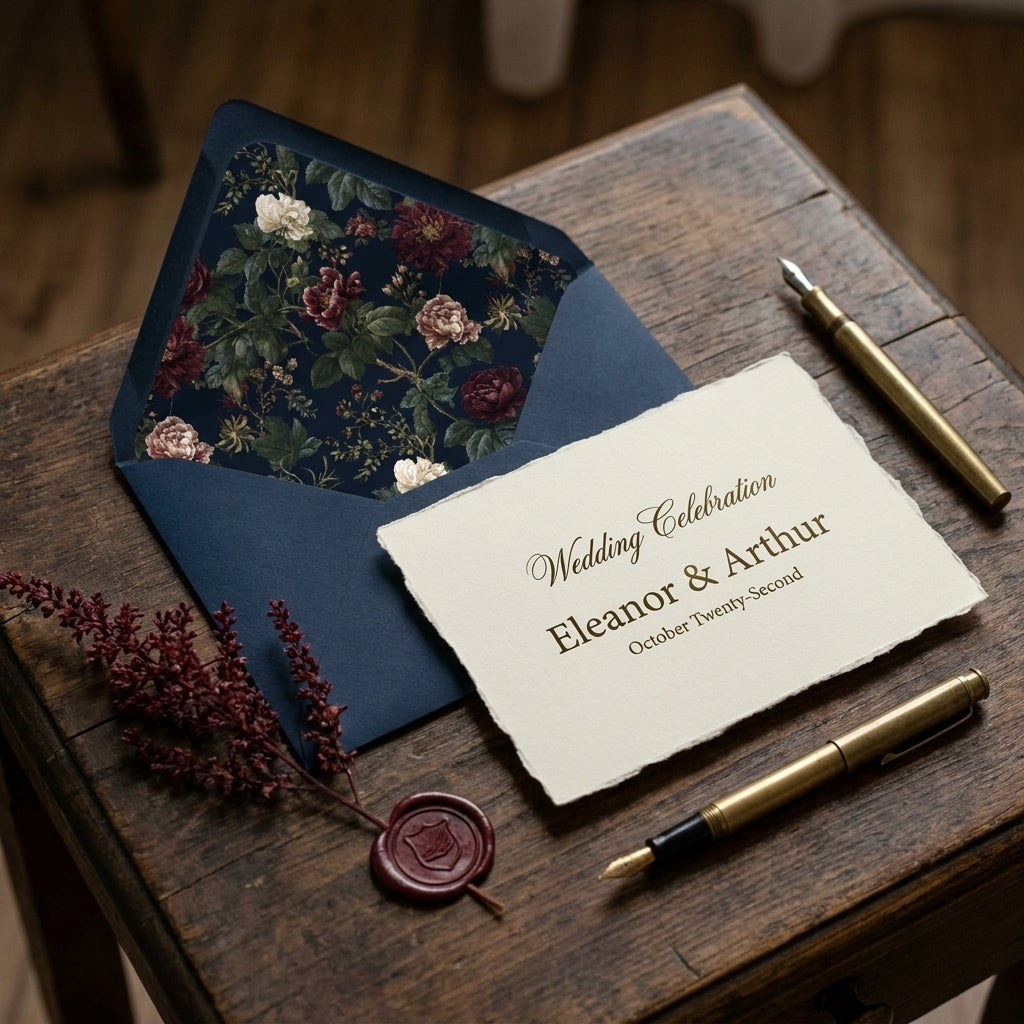 Vintage moody floral envelope liner and wedding invitation on a rustic wood table by Wrapped Studios.