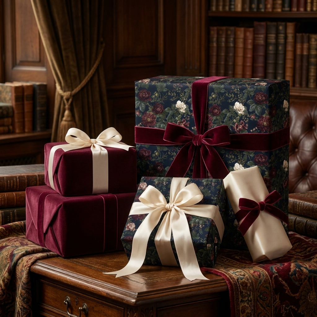 Luxury floral gift wrap with burgundy velvet ribbons on holiday presents by Wrapped Studios.