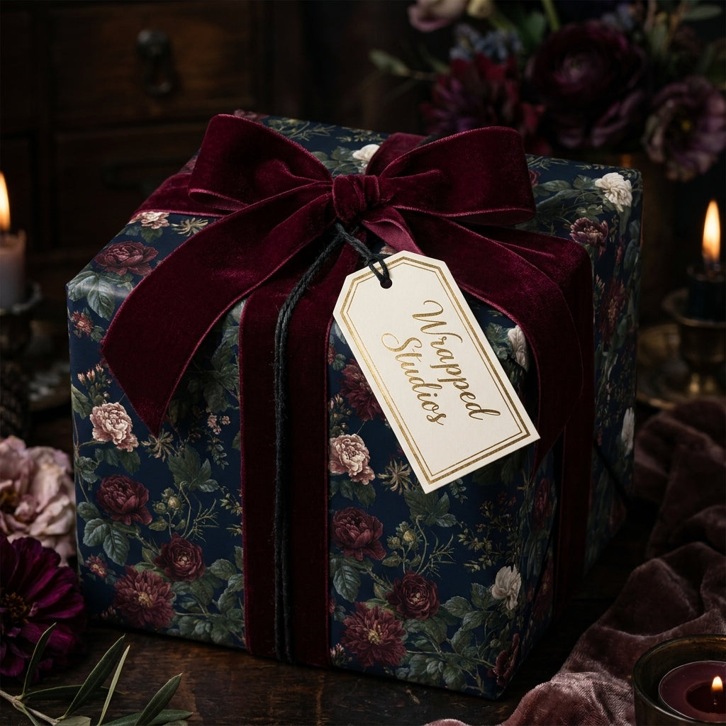 Moody floral wrapping paper by Wrapped Studios on a gift box tied with a luxury burgundy velvet ribbon.